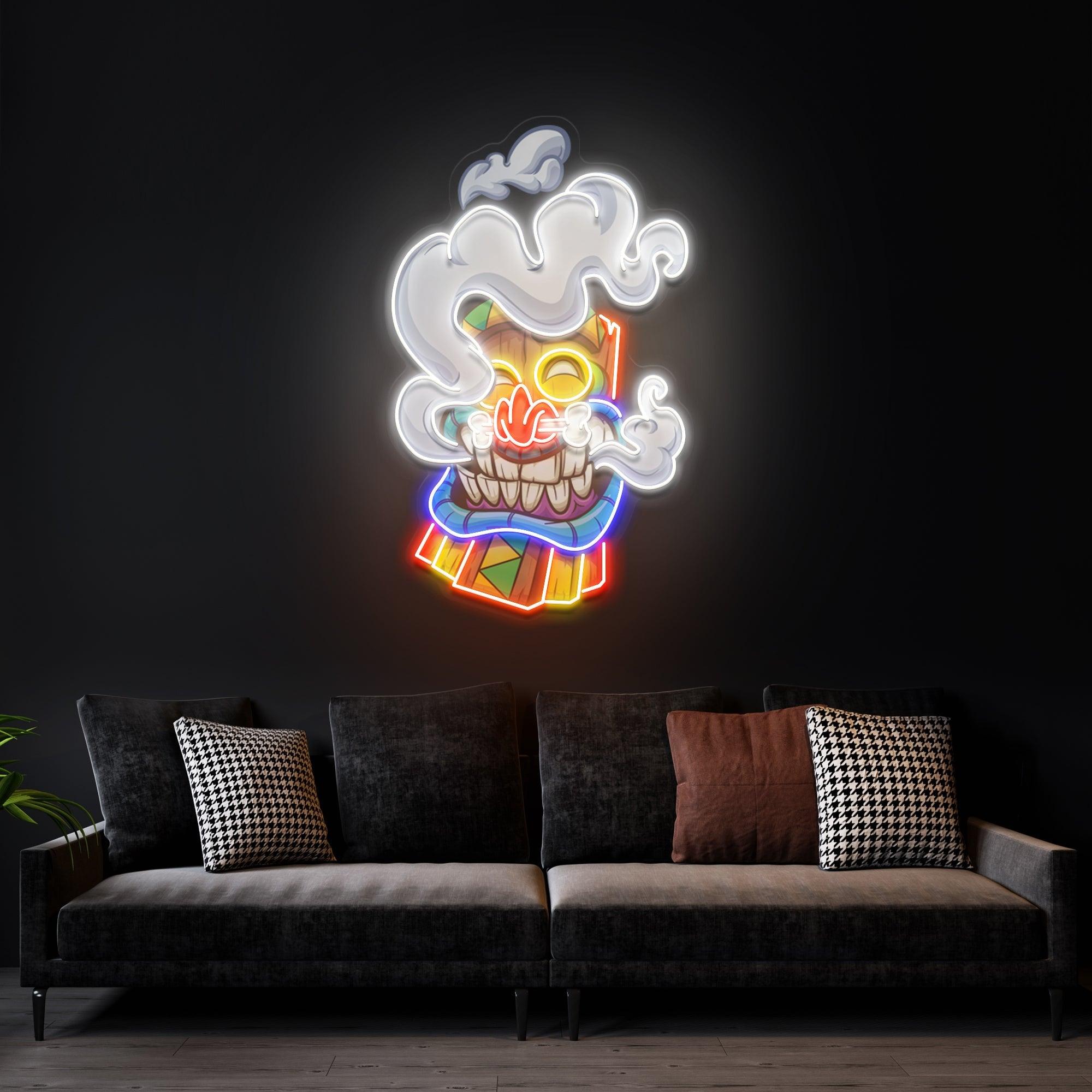 Cartoon Happy Smoking Tiki Mask Artwork Led Neon Sign Light - Neonbir