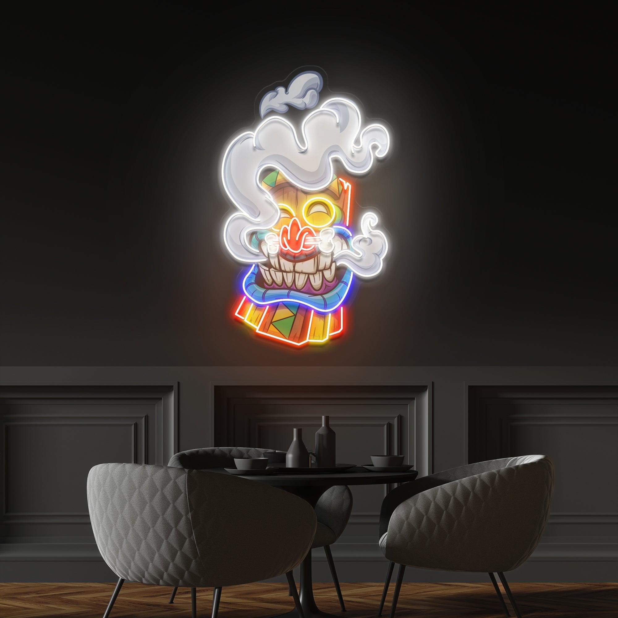 Cartoon Happy Smoking Tiki Mask Artwork Led Neon Sign Light - Neonbir