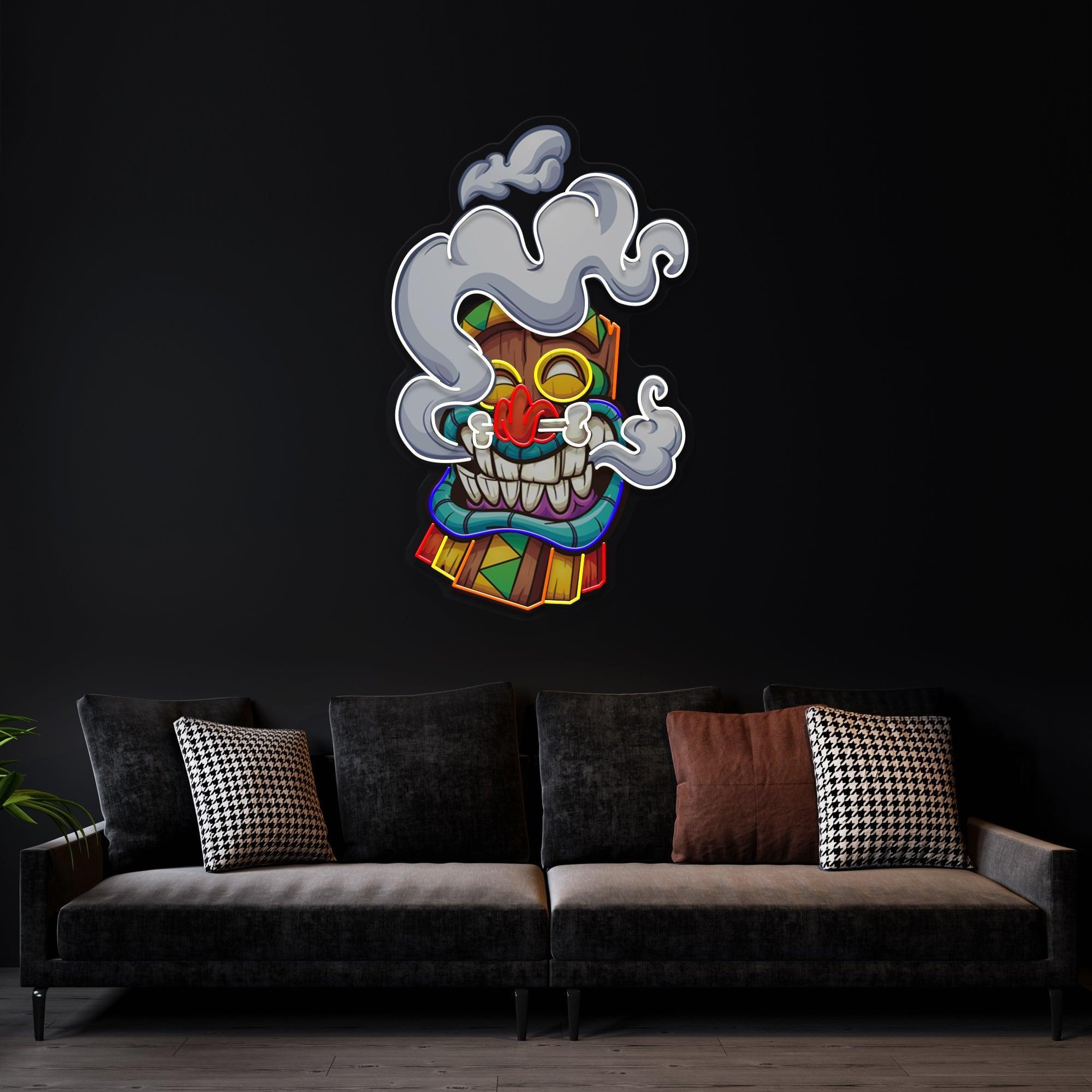 Cartoon Happy Smoking Tiki Mask Artwork Led Neon Sign Light - Neonbir