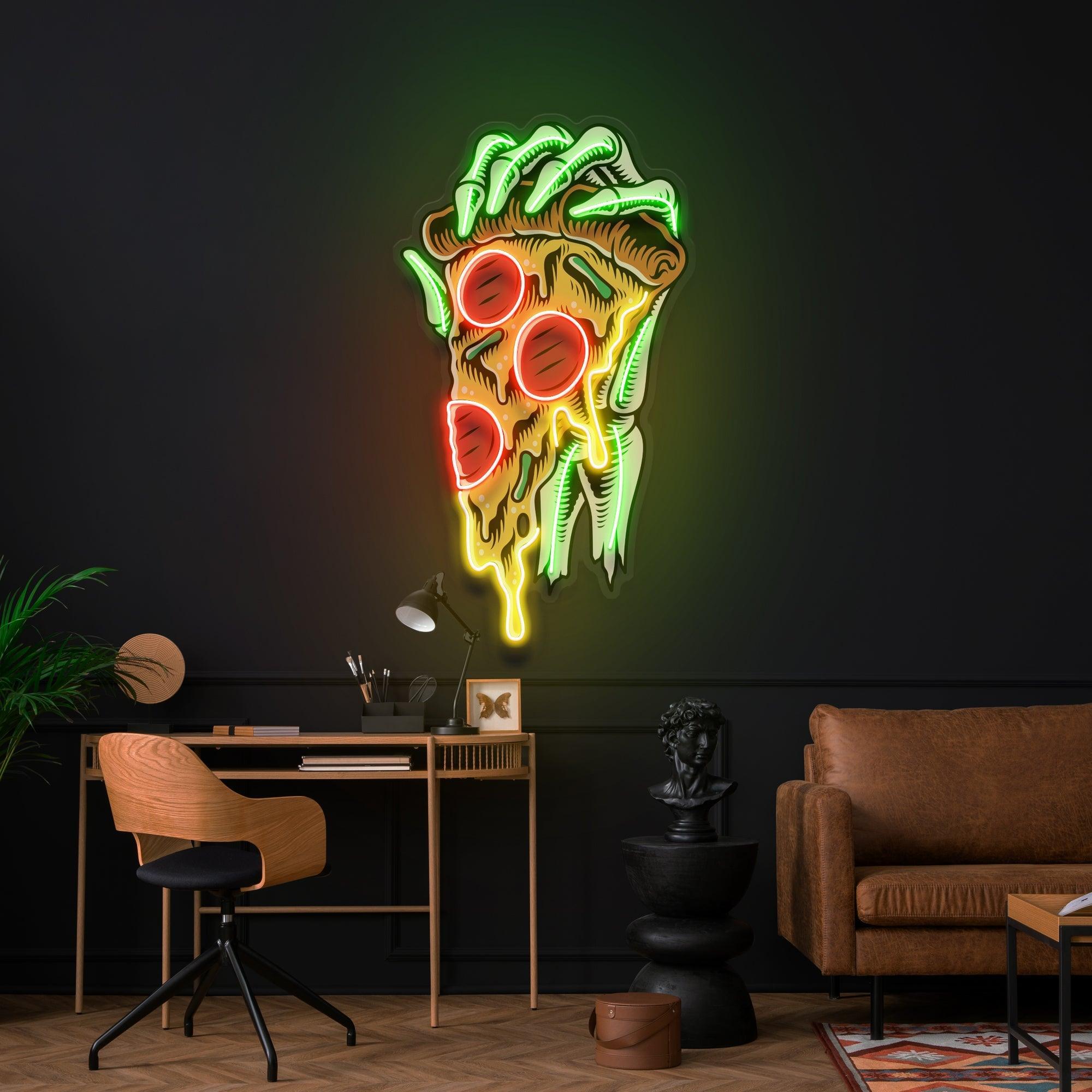 Pop Art Hand With A Slice Of Pizza Artwork Led Neon Sign Light - Neonbir