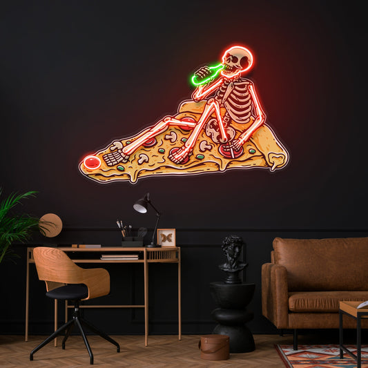 Pop Art Skull Drunk On Pizza Artwork Led Neon Sign Light - Neonbir
