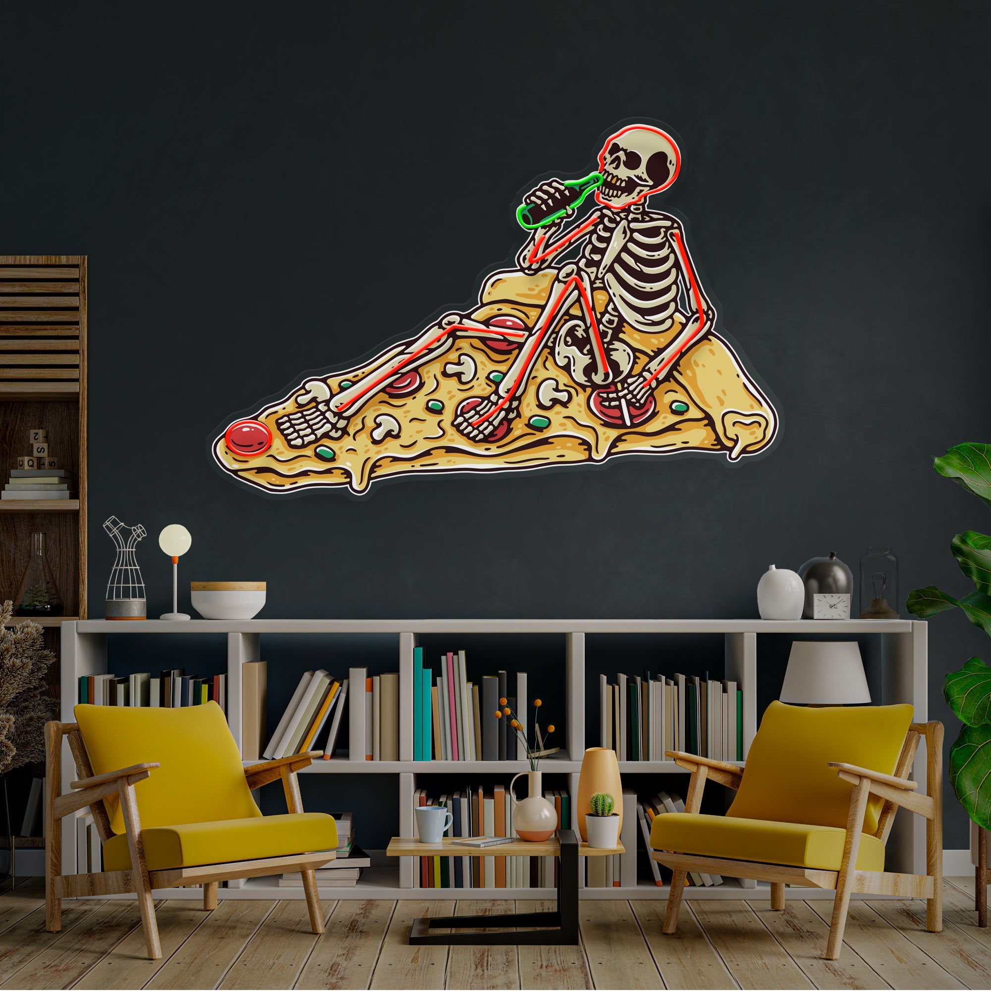 Pop Art Skull Drunk On Pizza Artwork Led Neon Sign Light - Neonbir