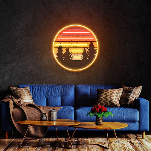 Retro Günbatımı Baskılı - Neon Tabela