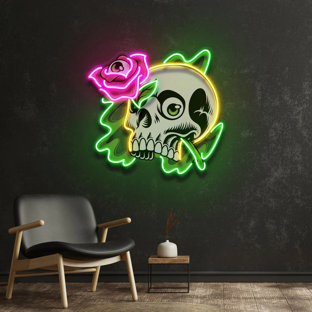 Güllü Kuru Kafa Baskılı Neon Dekor