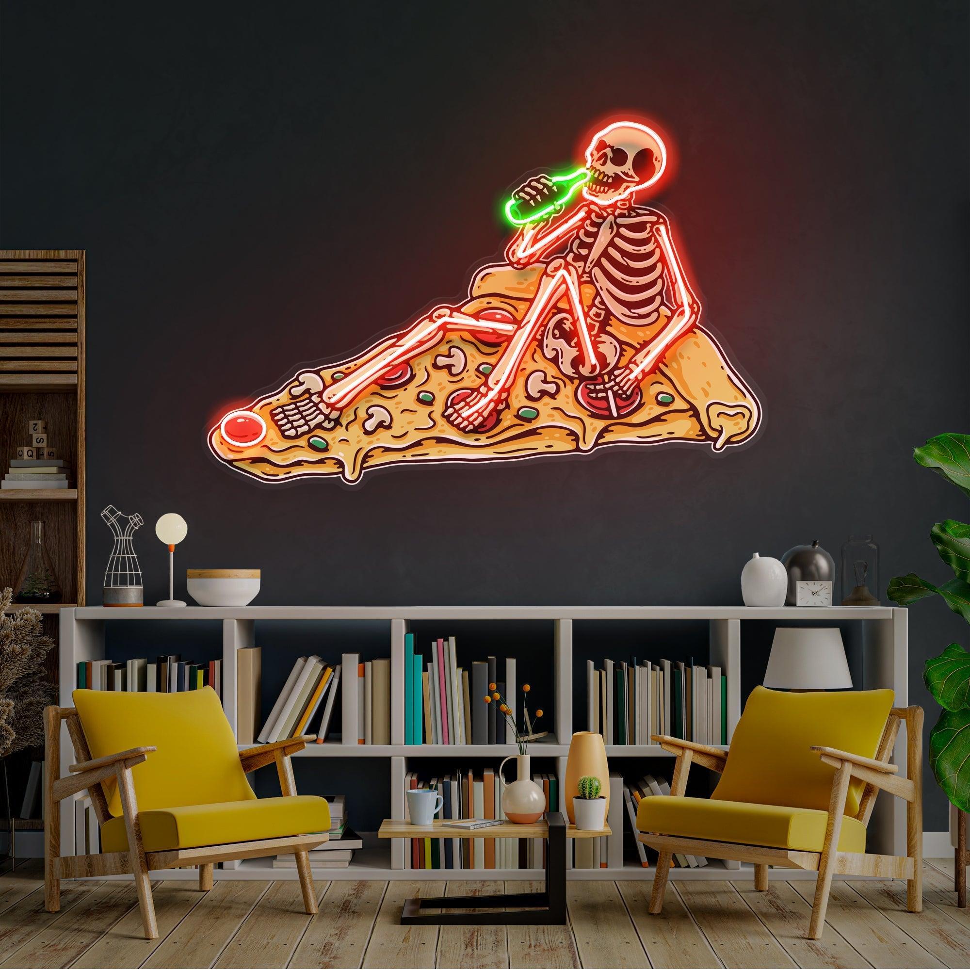 Pop Art Skull Drunk On Pizza Artwork Led Neon Sign Light - Neonbir