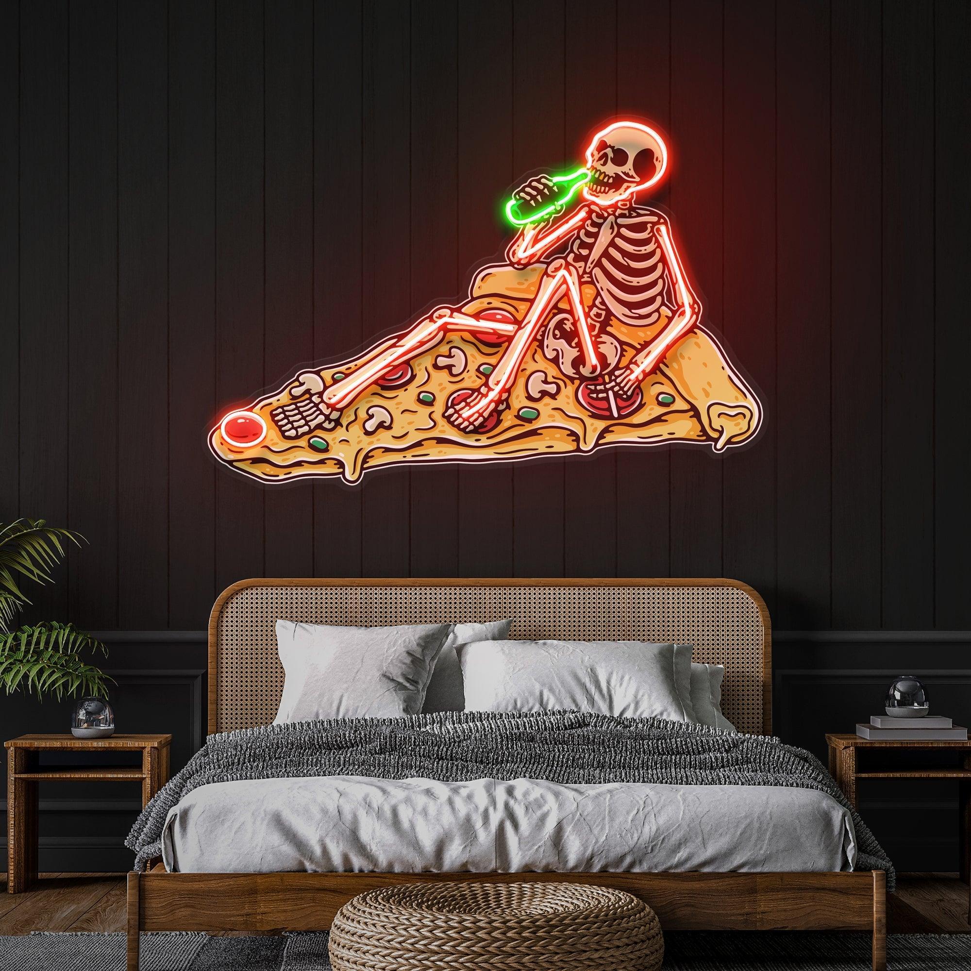 Pop Art Skull Drunk On Pizza Artwork Led Neon Sign Light - Neonbir