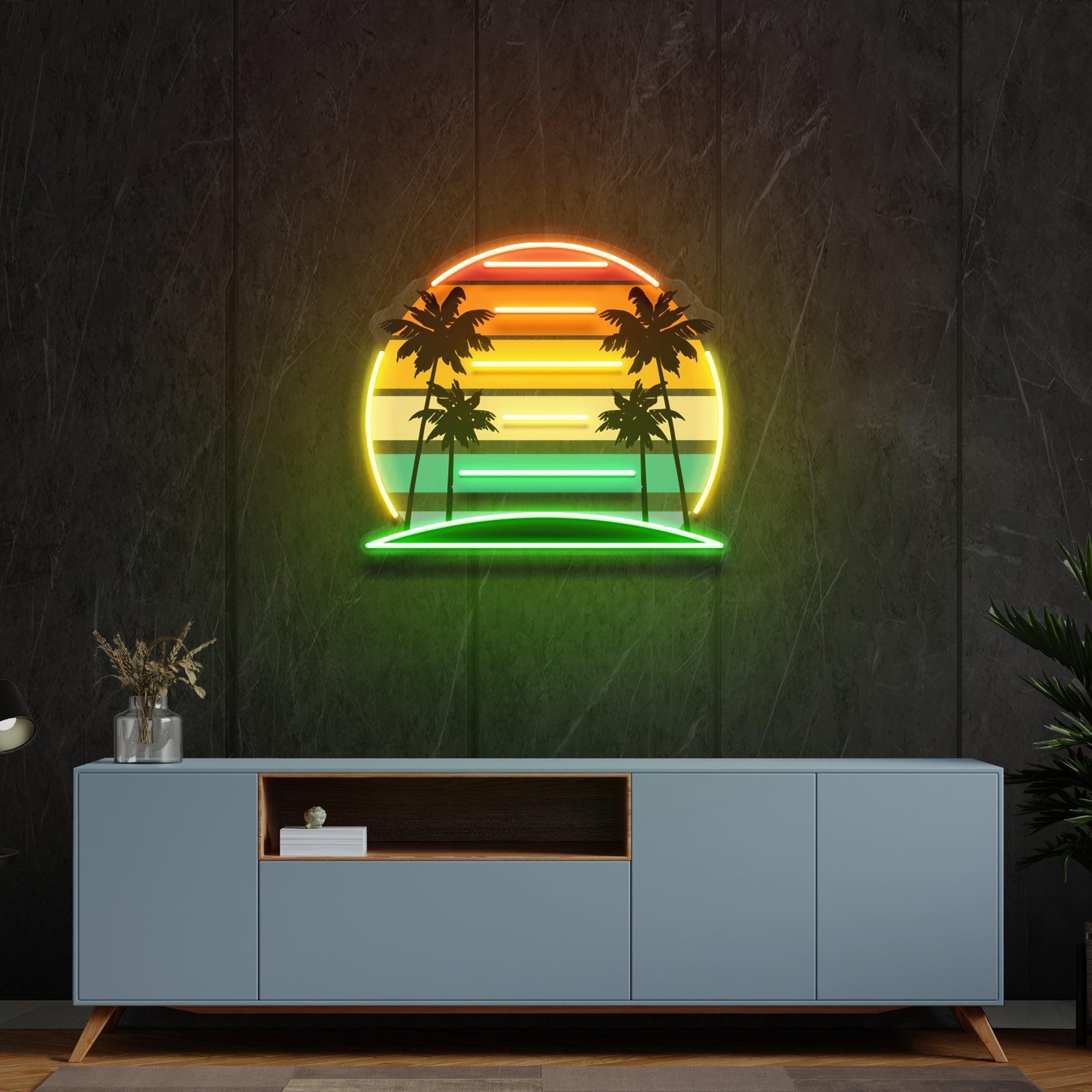 Tropical Retro Vintage Sunset Palm Tree Artwork Led Neon Sign Light - Neonbir