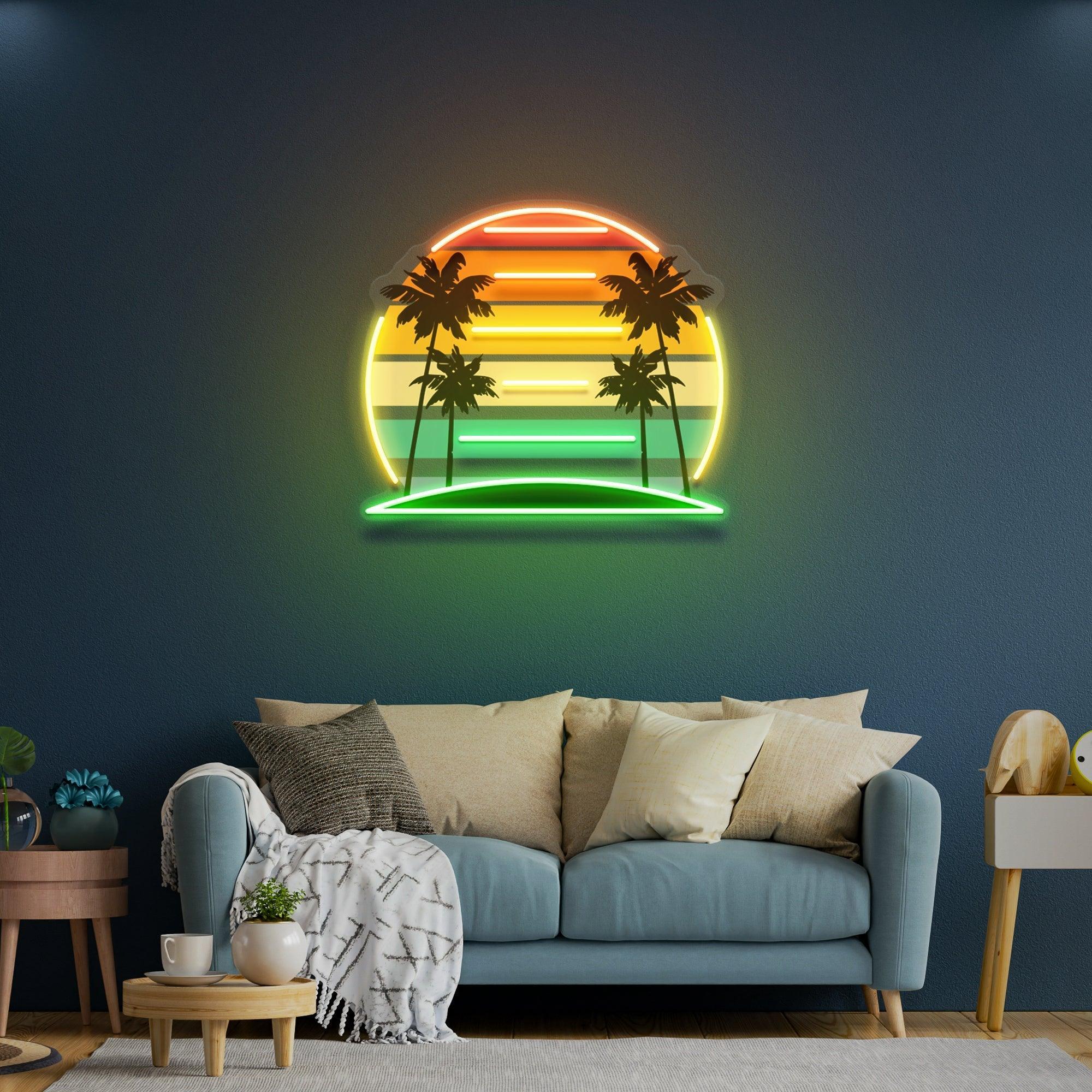 Tropical Retro Vintage Sunset Palm Tree Artwork Led Neon Sign Light - Neonbir