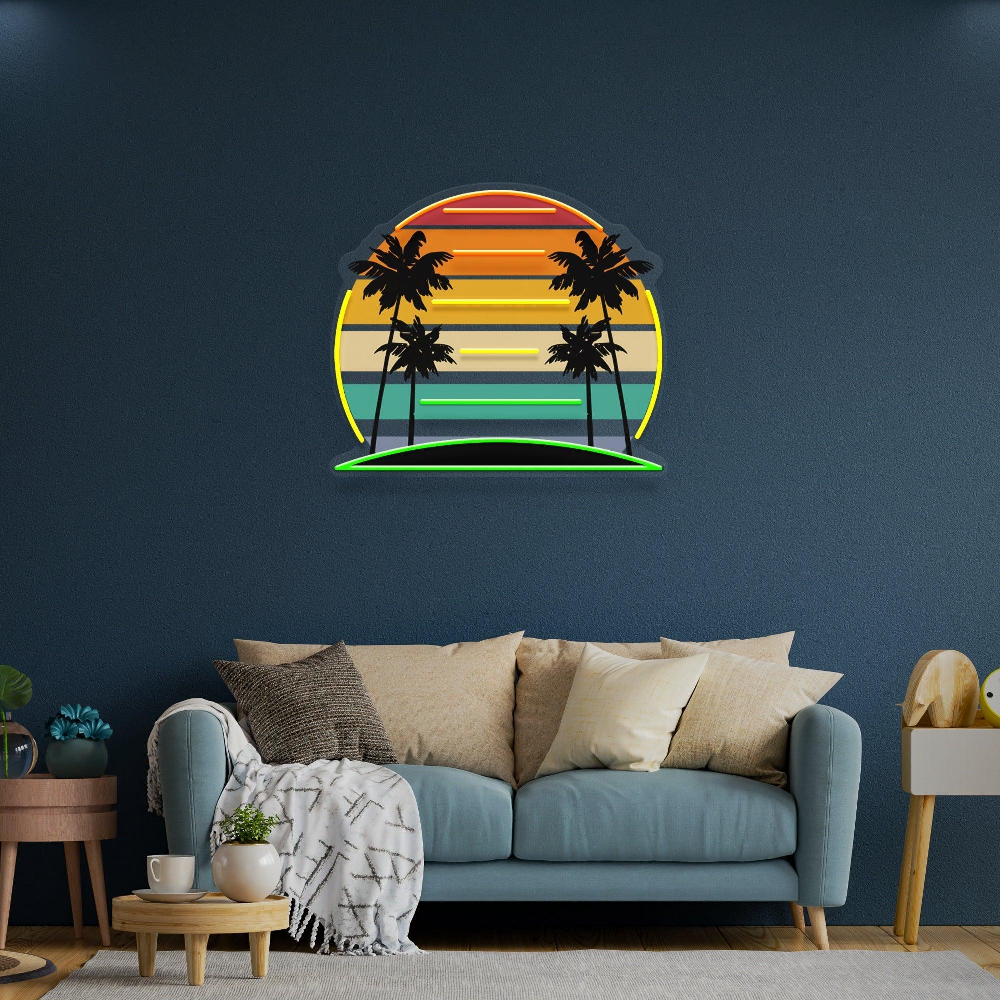 Tropical Retro Vintage Sunset Palm Tree Artwork Led Neon Sign Light - Neonbir
