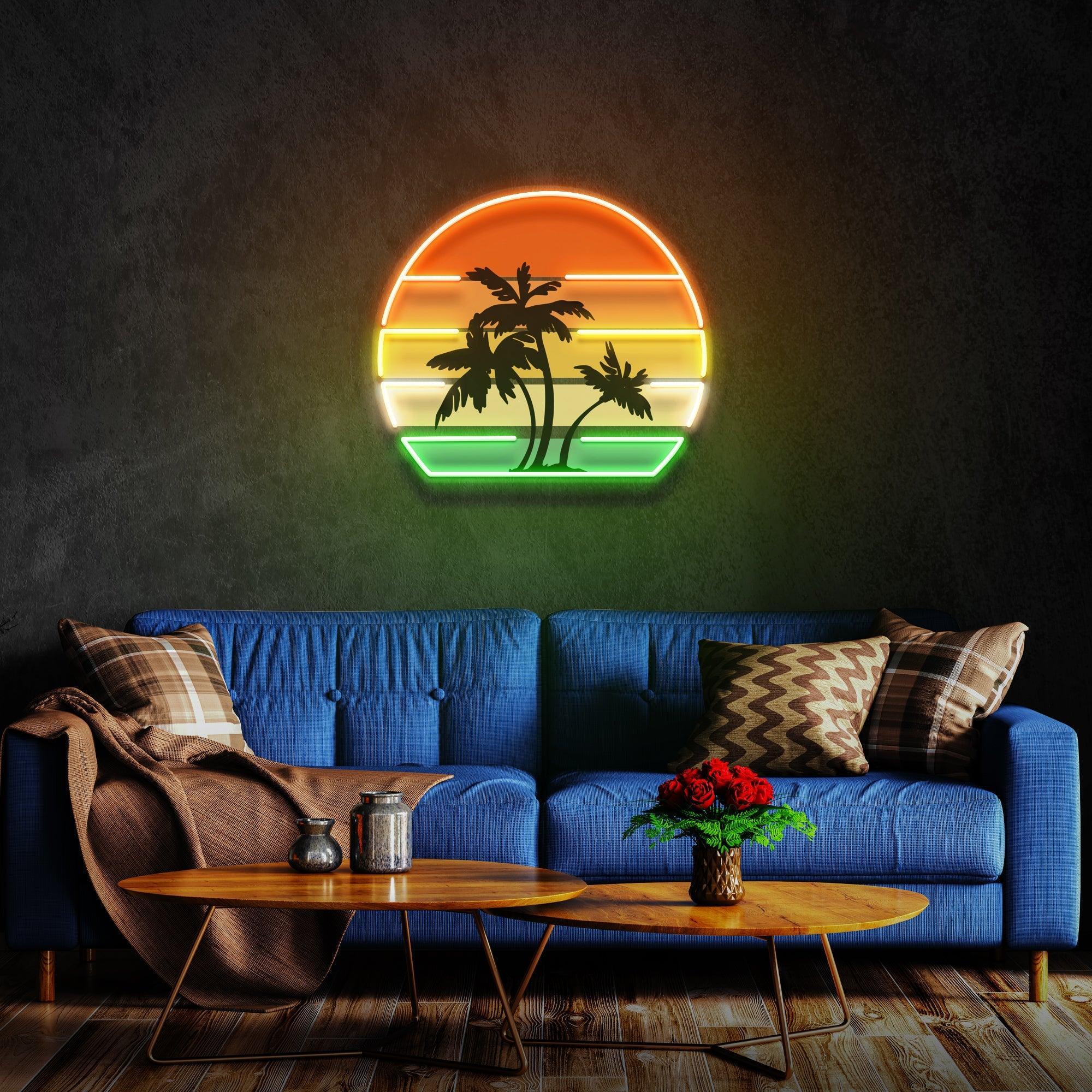 Tropical Palm Trees Retro Vintage Sunset Artwork Led Neon Sign Light - Neonbir