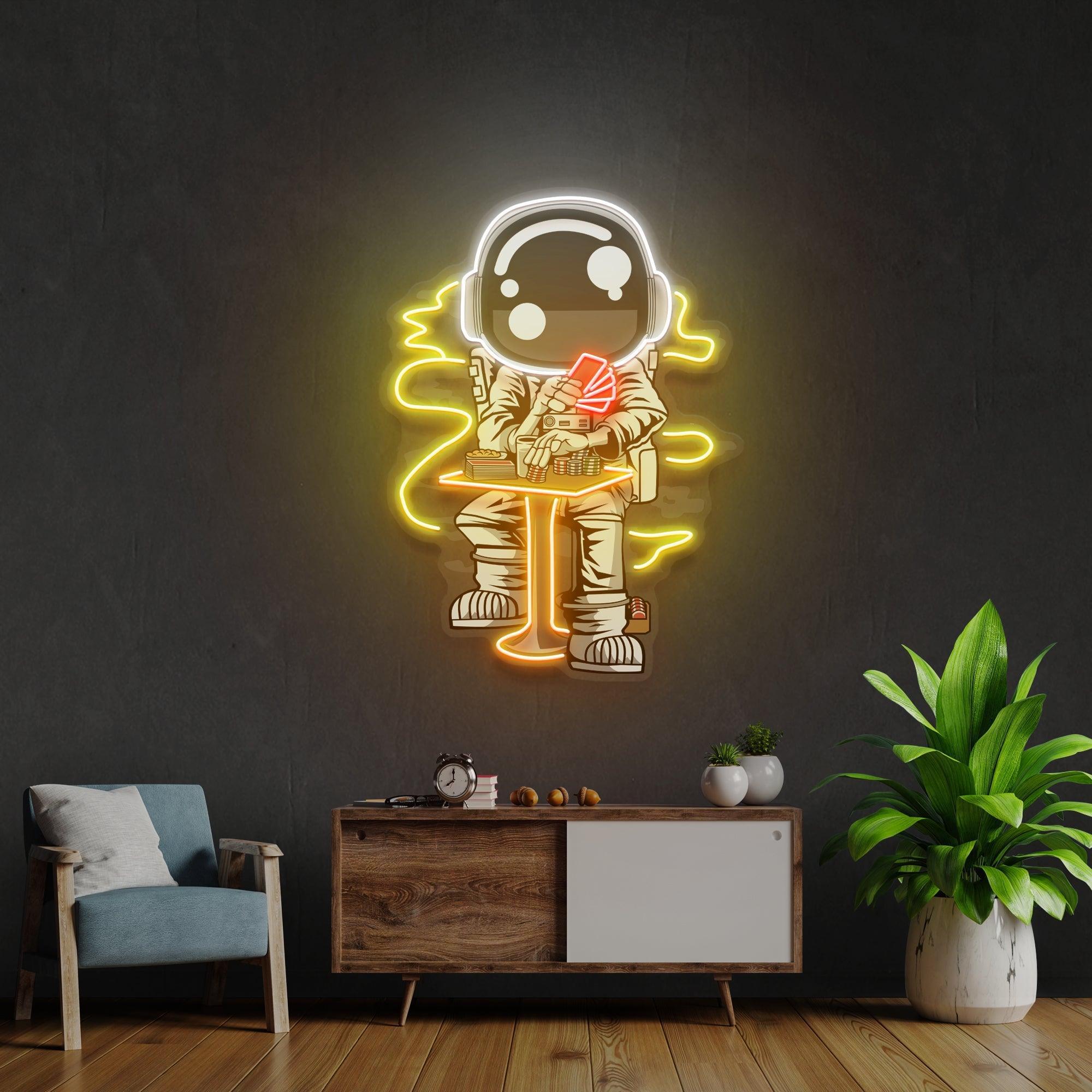 Astronaut Playing A Game Of Poker In Space Artwork Led Neon Sign Light - Neonbir