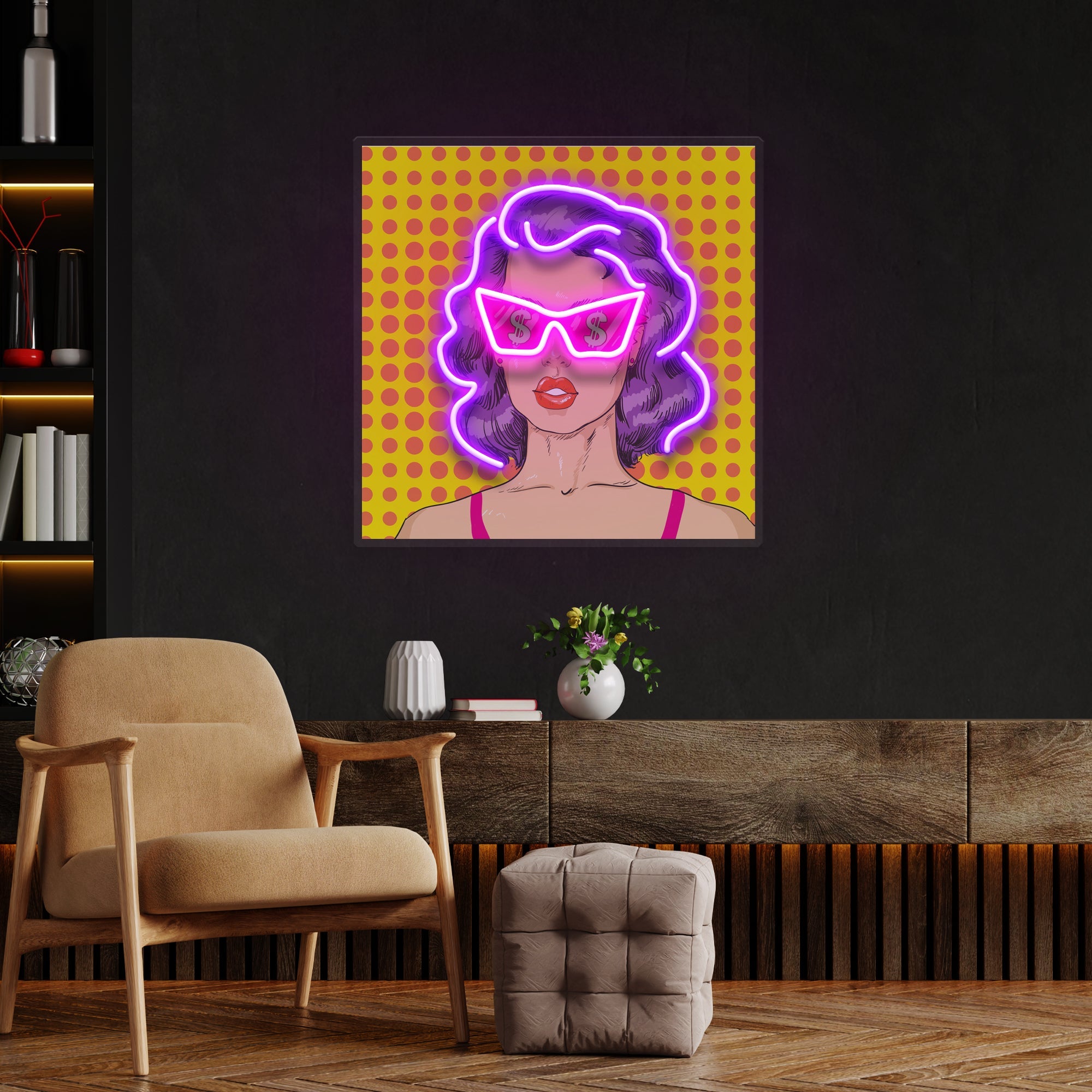 Woman In Pink Sunglasses With Dollar In Retro Pop Art Led Neon Sign Light - Neonbir