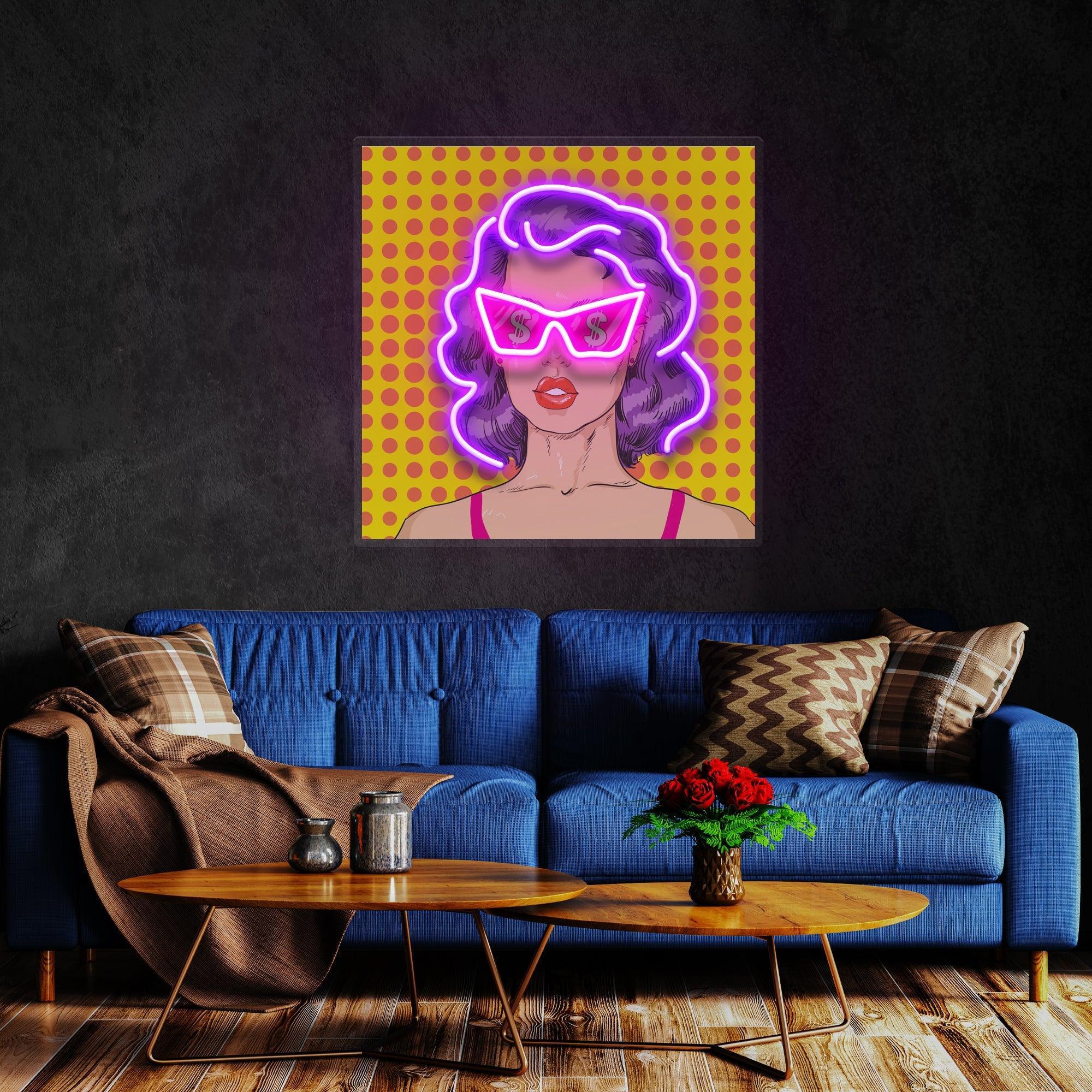 Woman In Pink Sunglasses With Dollar In Retro Pop Art Led Neon Sign Light - Neonbir