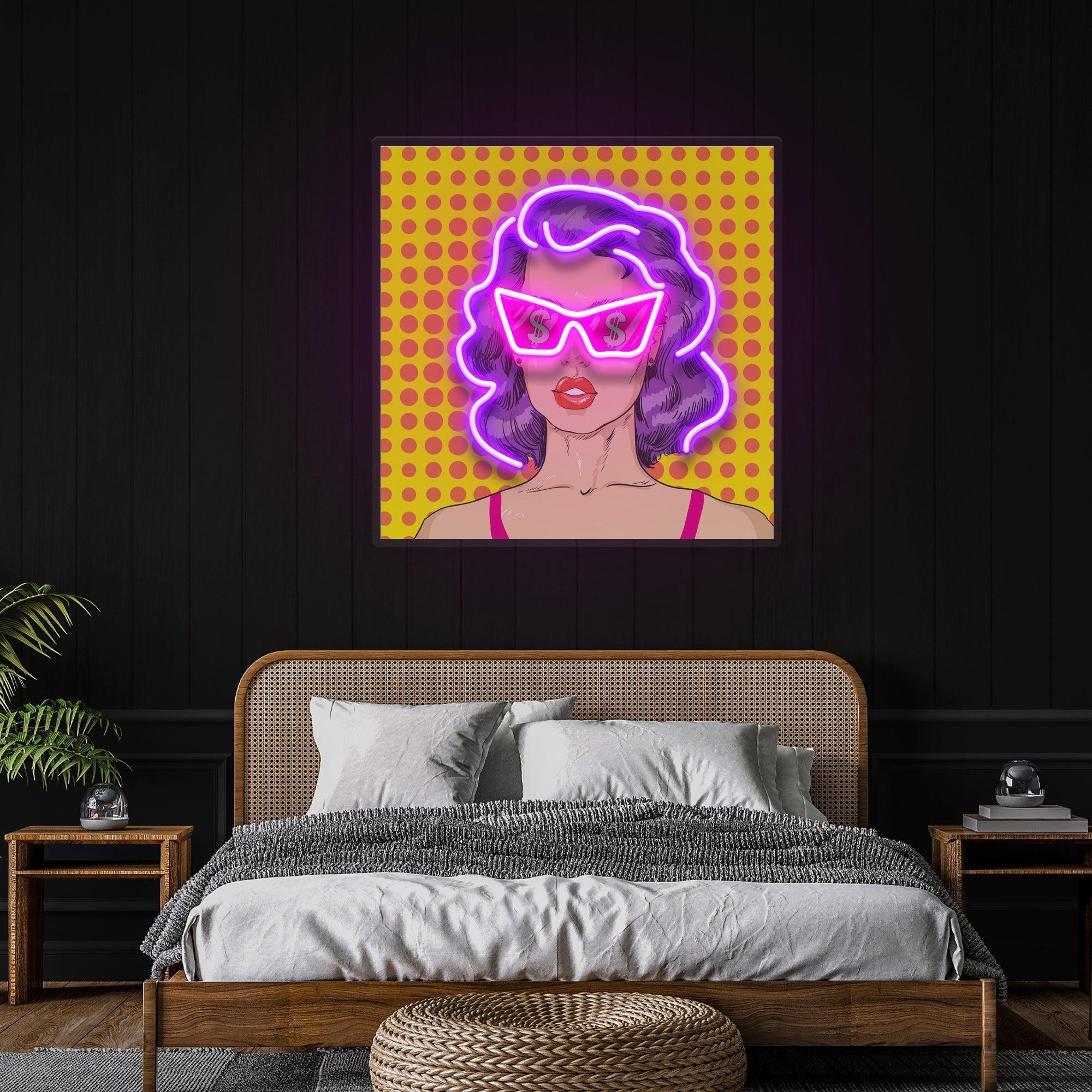 Woman In Pink Sunglasses With Dollar In Retro Pop Art Led Neon Sign Light - Neonbir